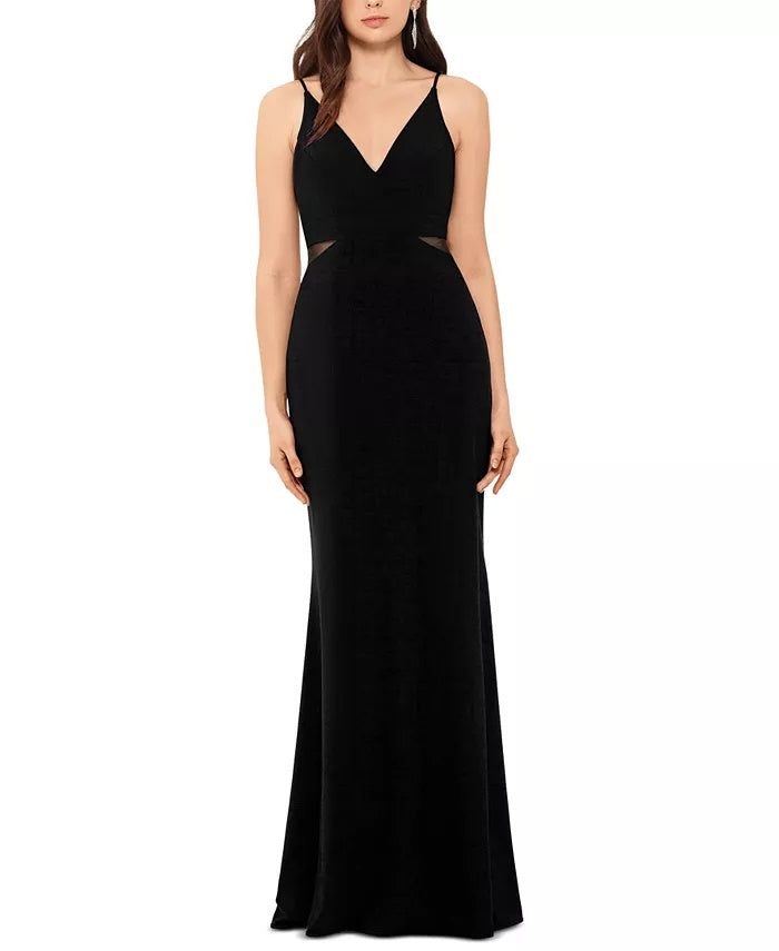 XscapeWomen's V Neck Mesh Detail Gown Black Size 12