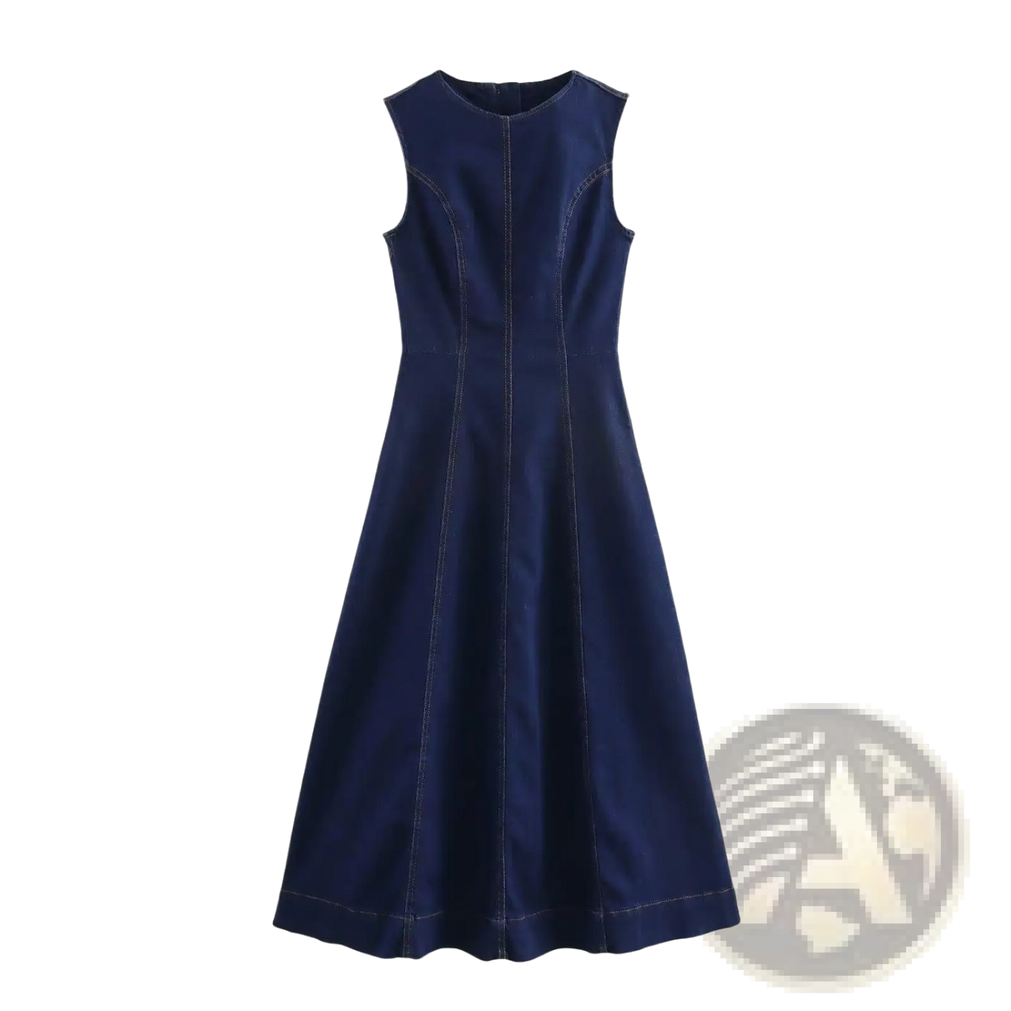 Navy Crew Neck Sleeveless Denim A-line Dress