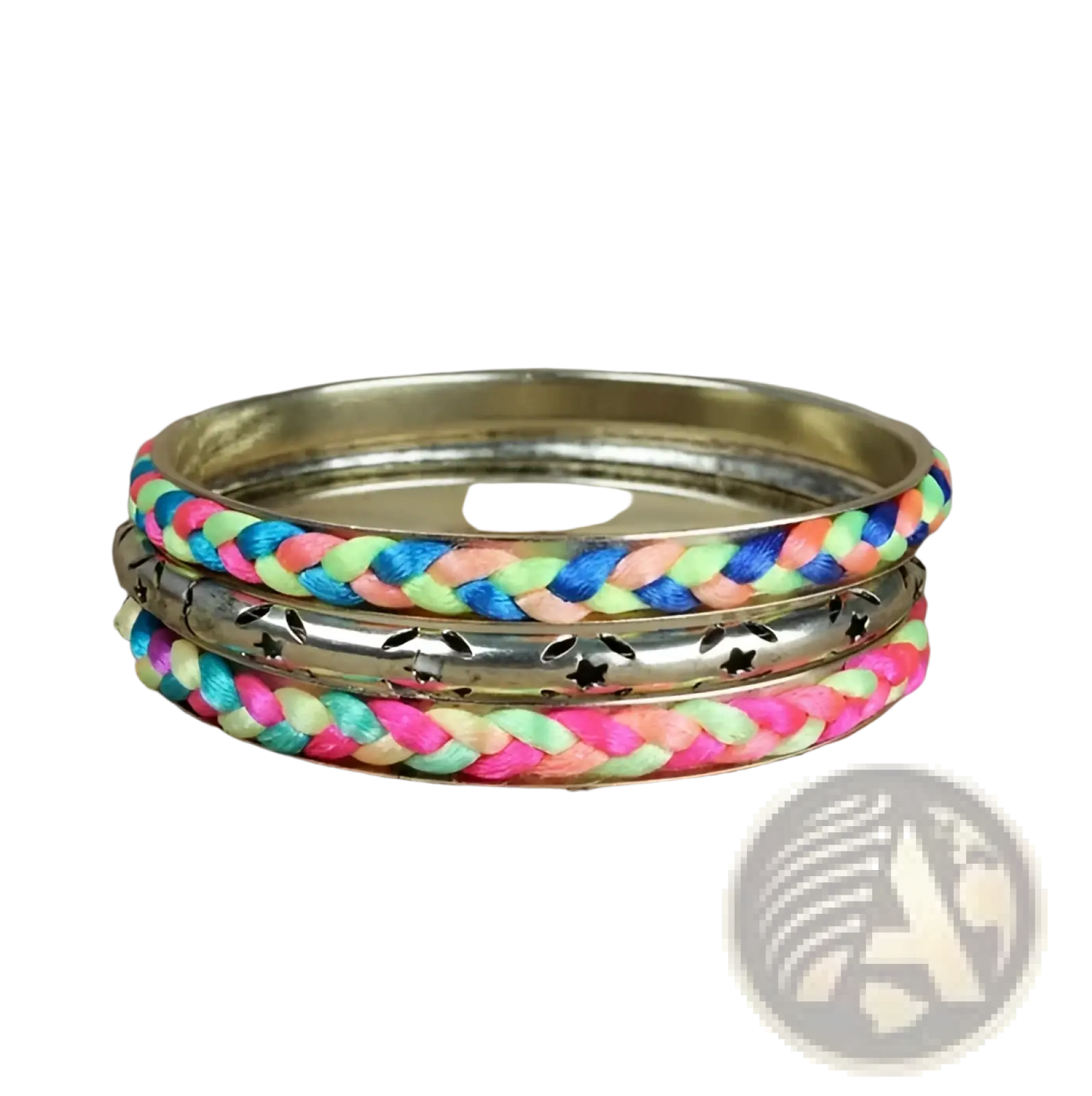 Neon Braided Gold Bangle Bracelet Set with Star Accents