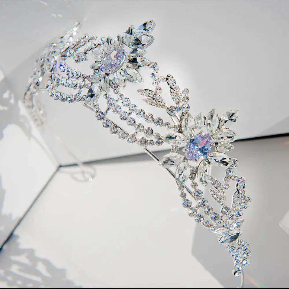 Floral 3a Zirconia Silver Bridal Tiara with Pastel Crystals