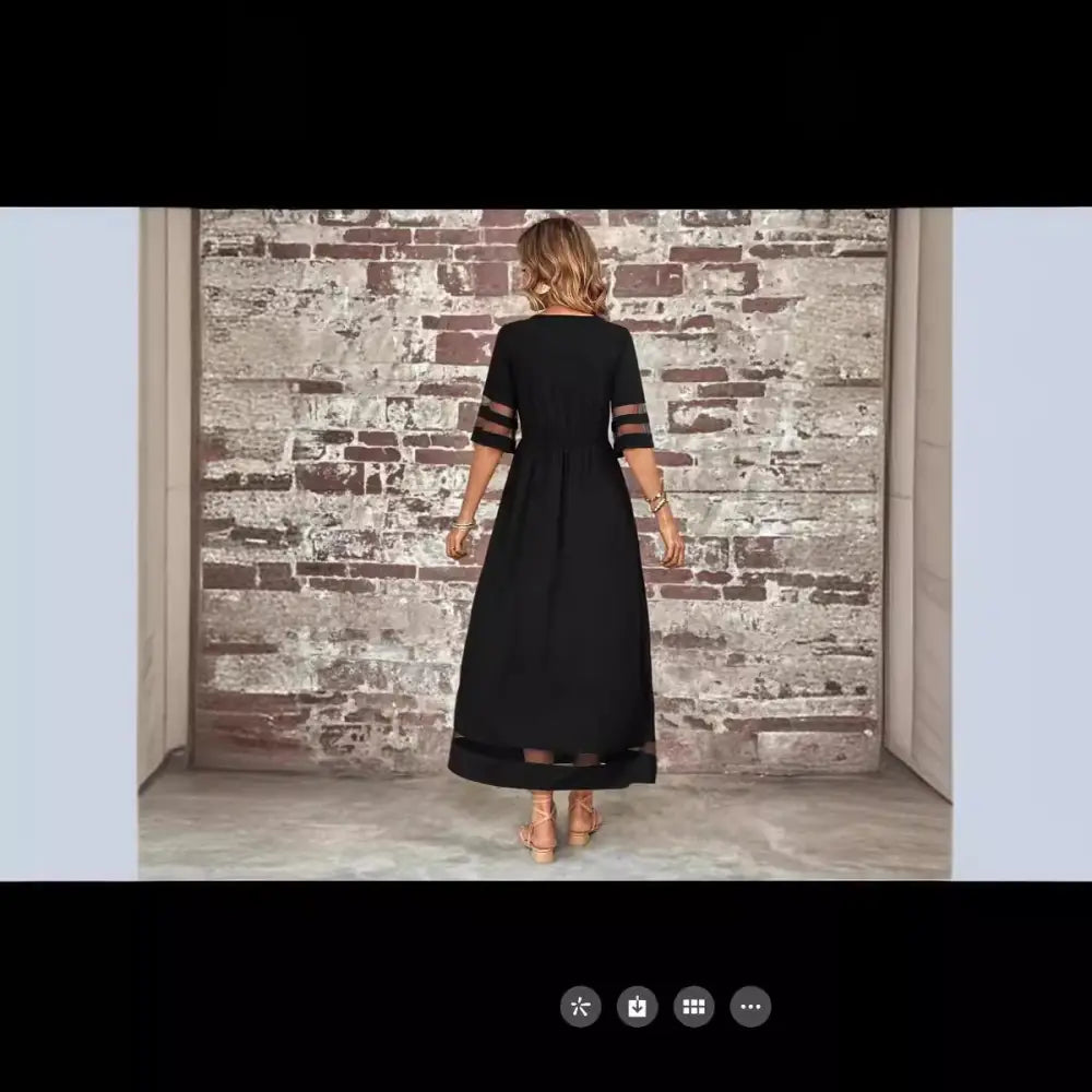 Mesh Patchwork Maxi Dress with Pockets and Sheer Accents