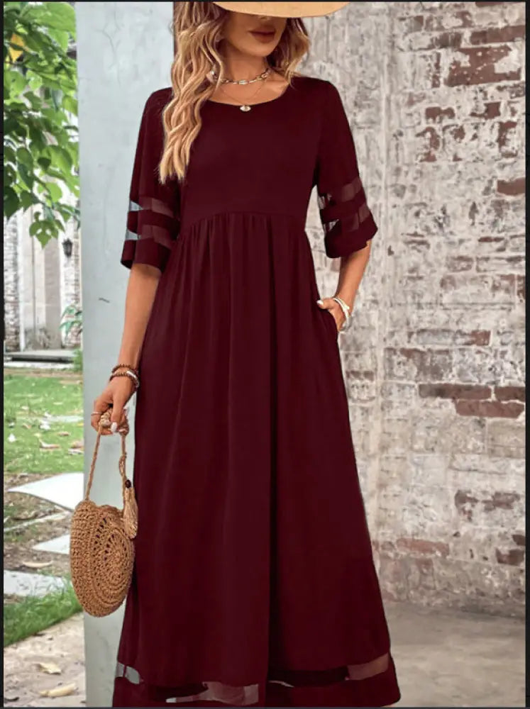 Mesh Patchwork Maxi Dress with Pockets and Sheer Accents