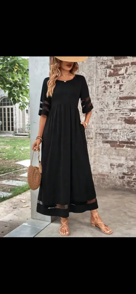 Mesh Patchwork Maxi Dress with Pockets and Sheer Accents