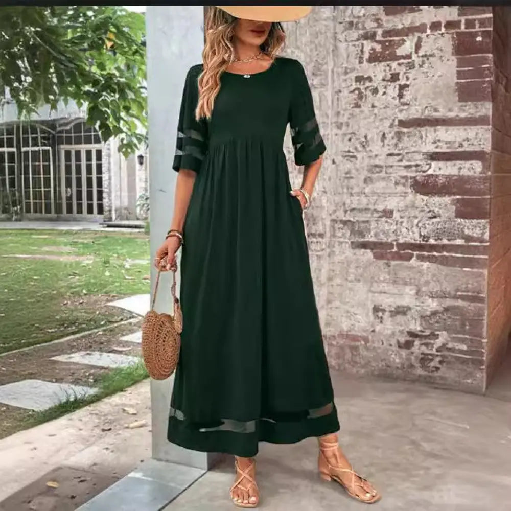 Mesh Patchwork Maxi Dress with Pockets and Sheer Accents