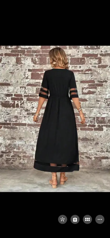 Mesh Patchwork Maxi Dress with Pockets and Sheer Accents