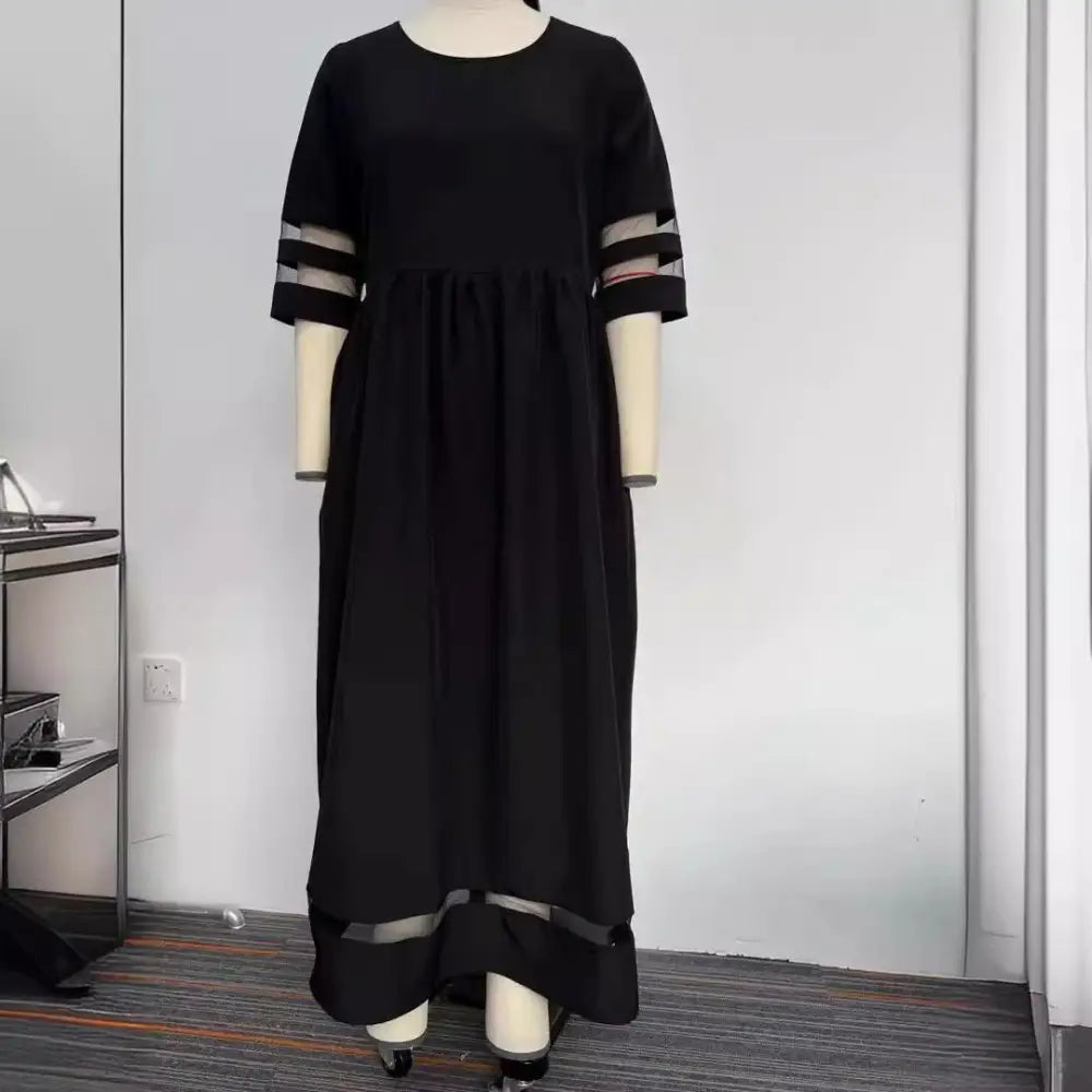 Mesh Patchwork Maxi Dress with Pockets and Sheer Accents