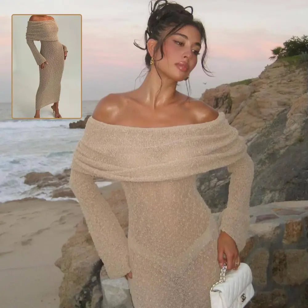 Shimmering one Shoulder Knit Maxi Beach Dress