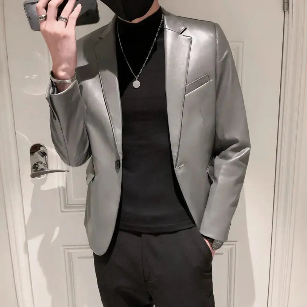 Men's Slim Fit Korean Polo Collar Pu Leather Jacket