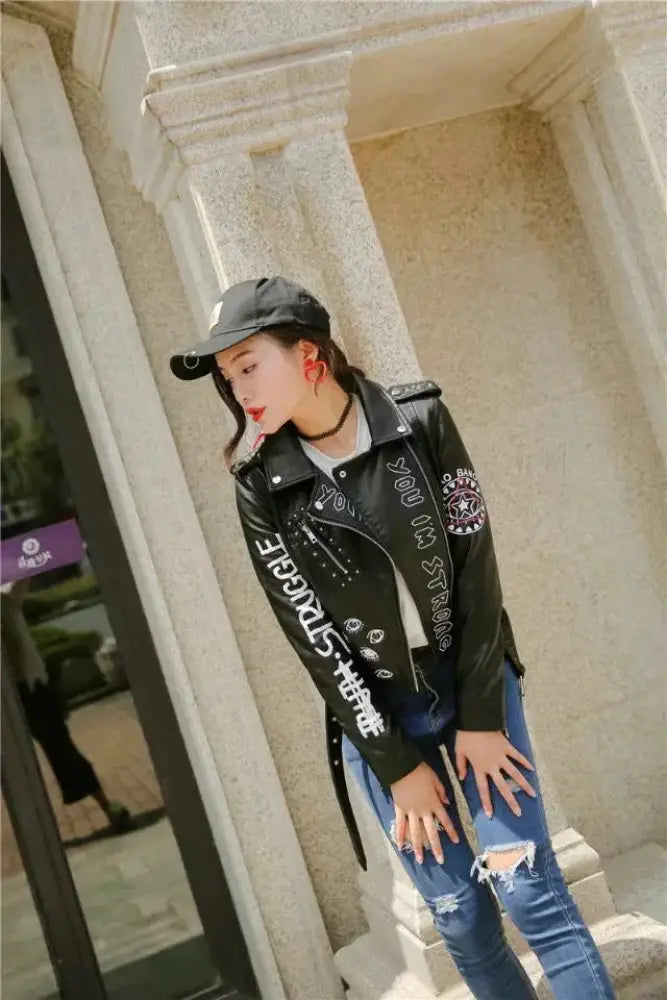 Studded Eye Embroidered Black Faux Leather Biker Jacket