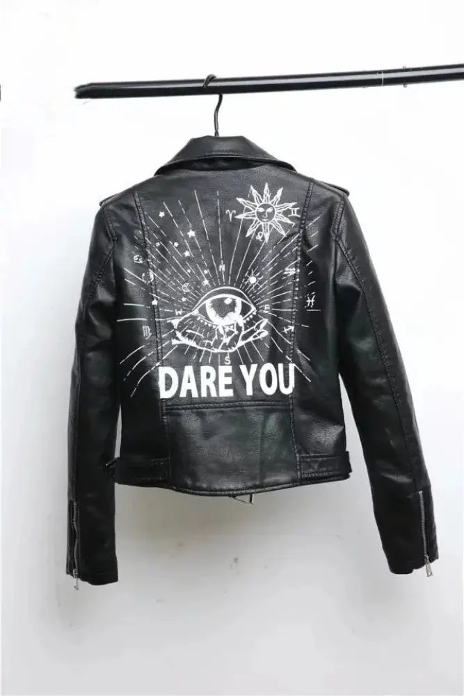 Studded Eye Embroidered Black Faux Leather Biker Jacket
