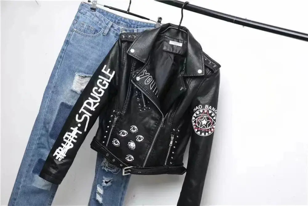 Studded Eye Embroidered Black Faux Leather Biker Jacket
