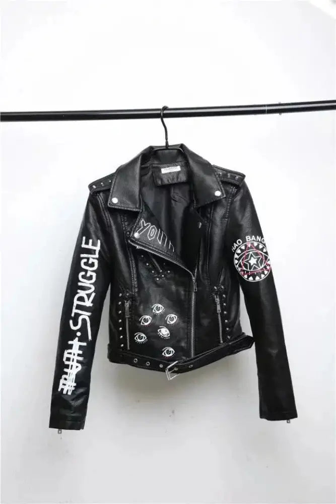 Studded Eye Embroidered Black Faux Leather Biker Jacket