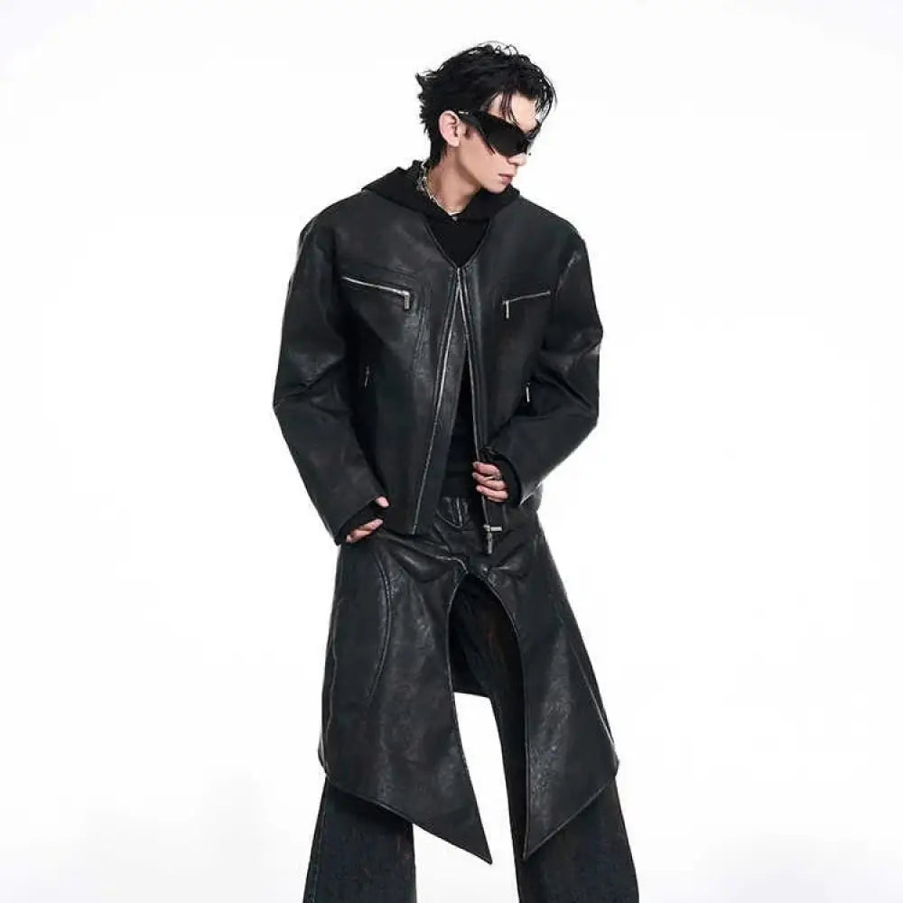 Men's V-neck Slim Fit Zipper Leather Bomber Jacket