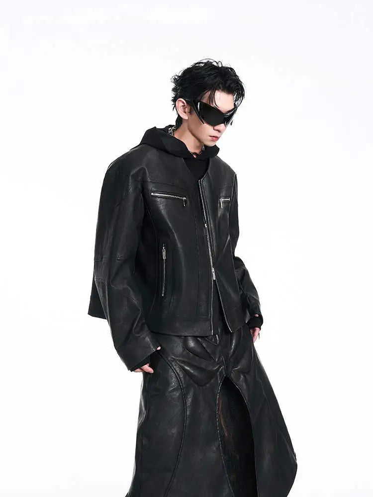Men's V-neck Slim Fit Zipper Leather Bomber Jacket