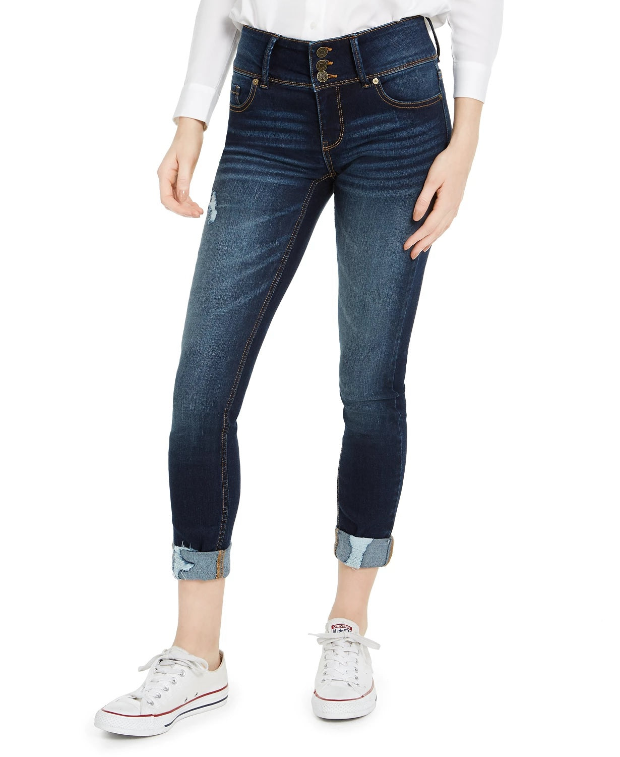 Indigo Rein Junior's Mid Rise Triple Button Cuffed Skinny Jeans Blue Size 5