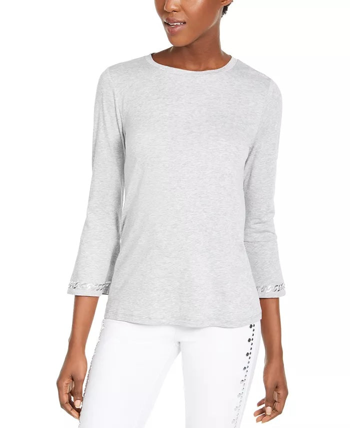 Michael Kors Women's Embellished Bell Sleeve Top Grey Size Petite Small