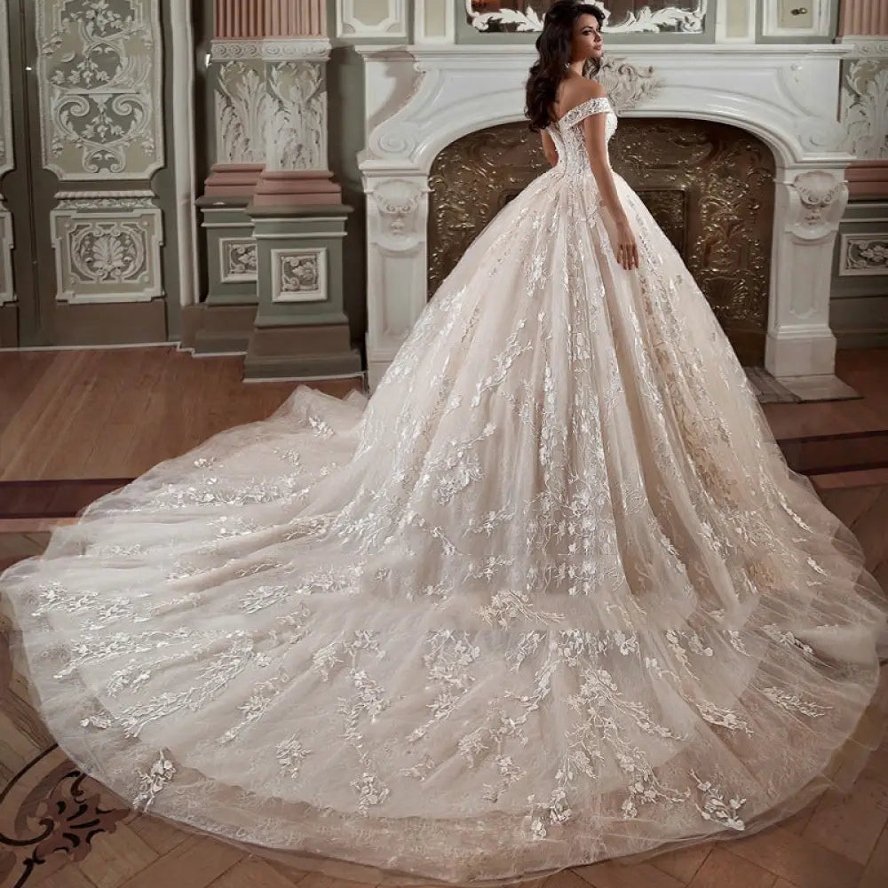 French Mori Embroidered Off-shoulder Tulle Wedding Dress