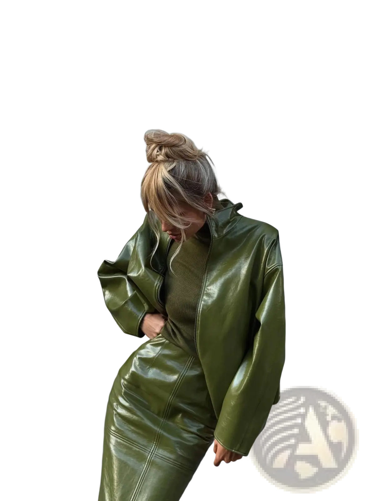 Olive Green Patent Leather Jacket and Midi Skirt Set