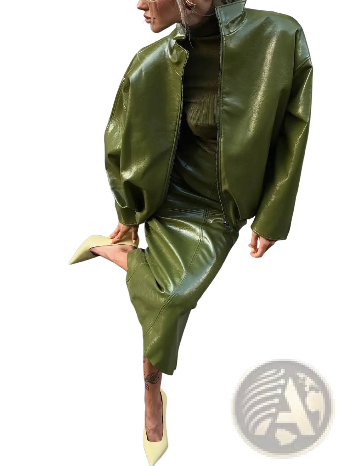 Olive Green Patent Leather Jacket and Midi Skirt Set