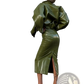 Olive Green Patent Leather Jacket and Midi Skirt Set