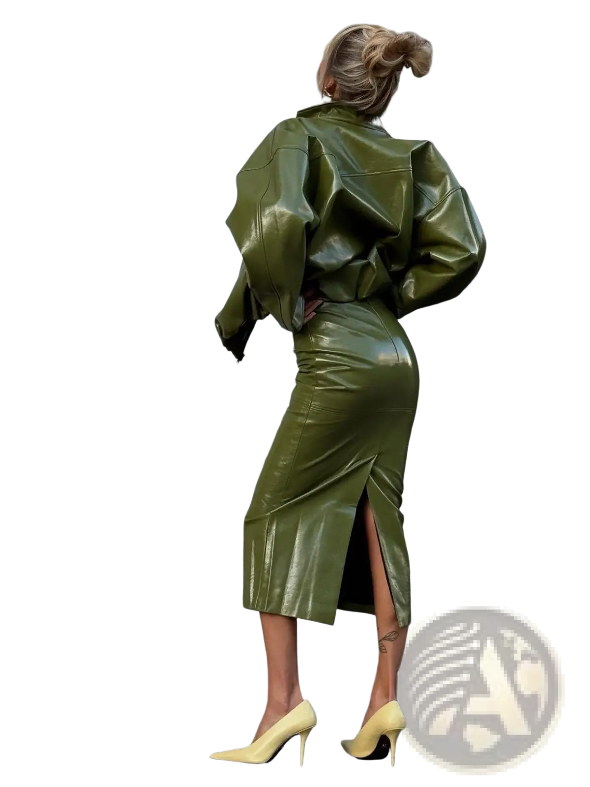 Olive Green Patent Leather Jacket and Midi Skirt Set