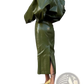 Olive Green Patent Leather Jacket and Midi Skirt Set