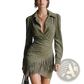 Olive Green Suede Fringed Wrap Long Sleeve Dress