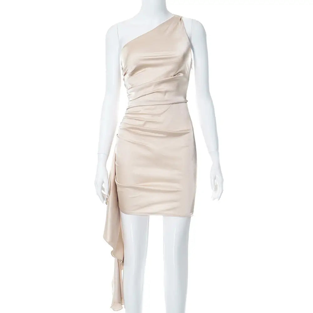 Beige Satin Ruched one Shoulder Backless Mini Dress