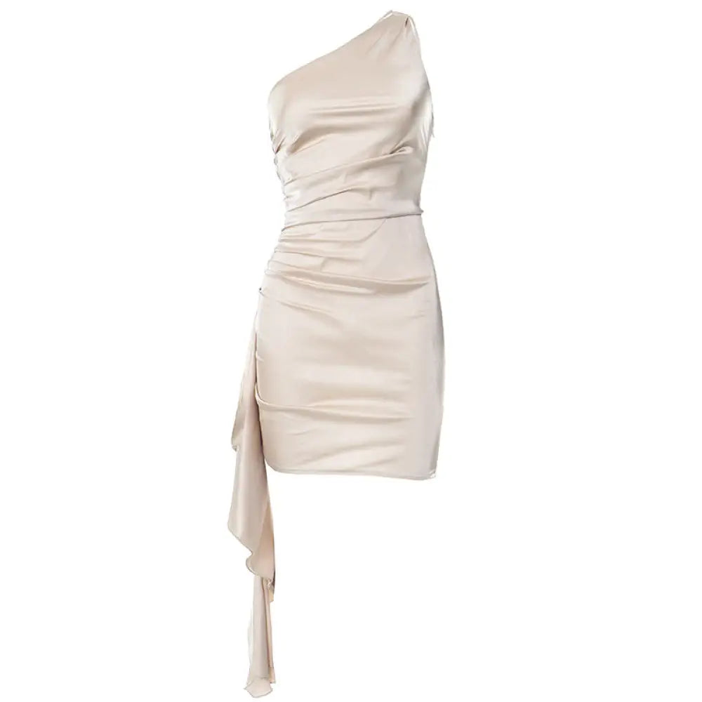 Beige Satin Ruched one Shoulder Backless Mini Dress