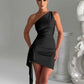 Beige Satin Ruched one Shoulder Backless Mini Dress