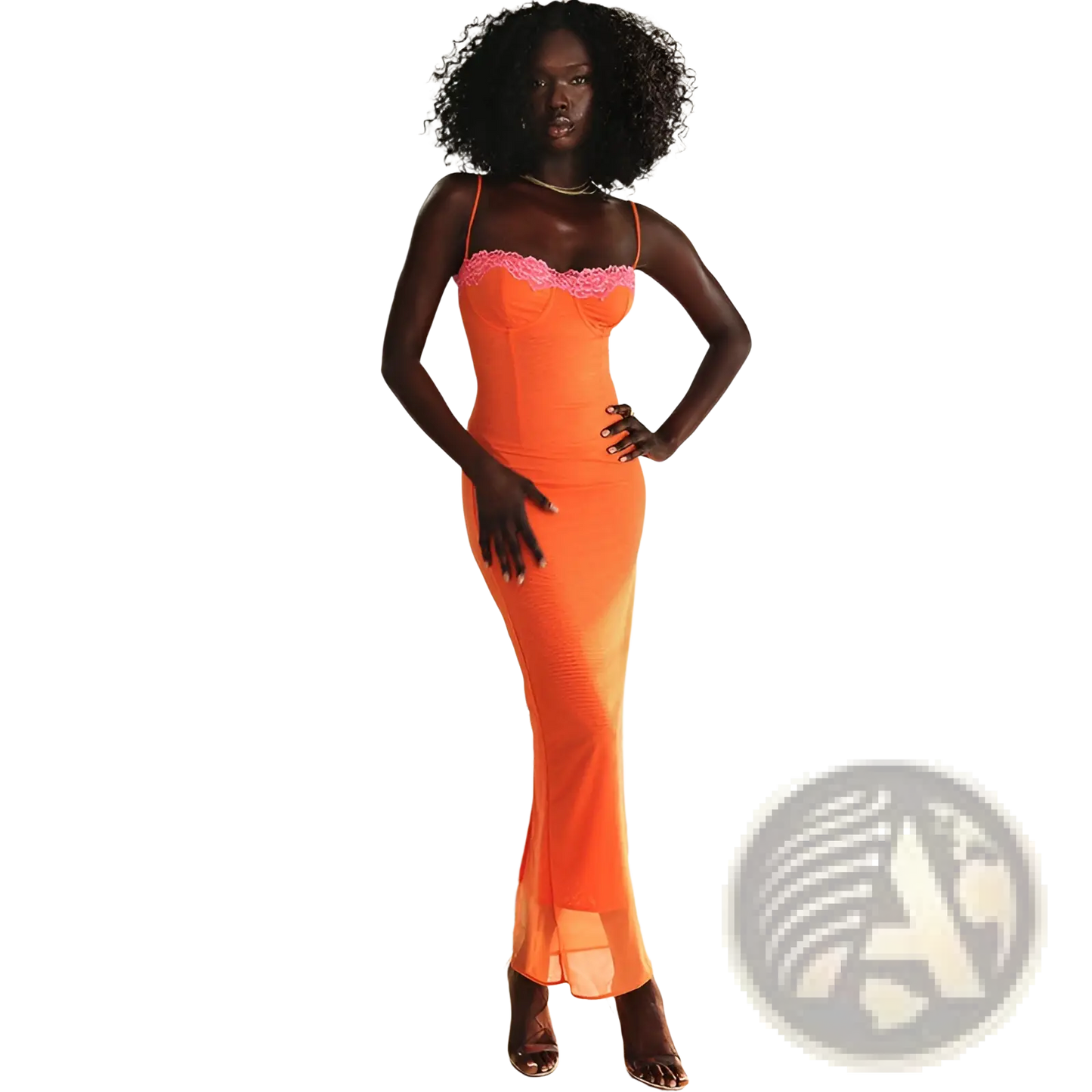 Orange Lace Trim Mesh Midi Dress