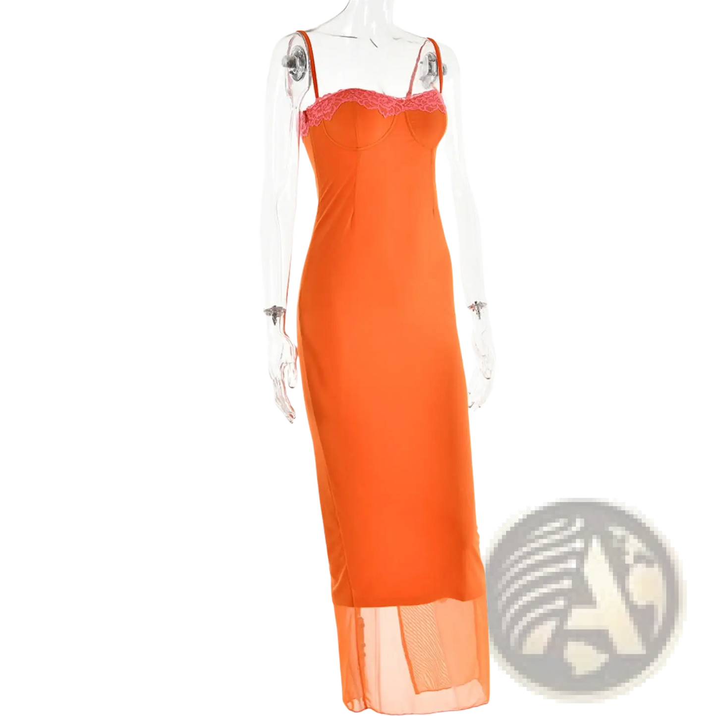 Orange Lace Trim Mesh Midi Dress