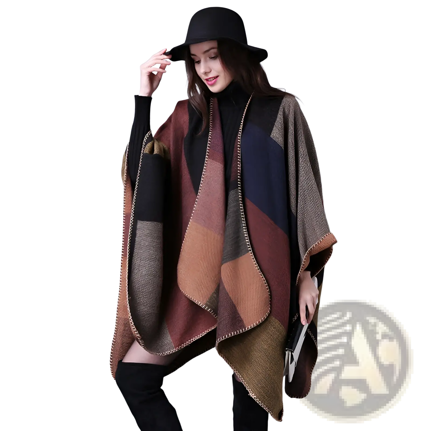 Oversized Plaid Woolen Cape Geometric Travel Shawl