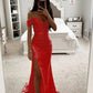 Off the Shoulder Sequin Split Mermaid Gown