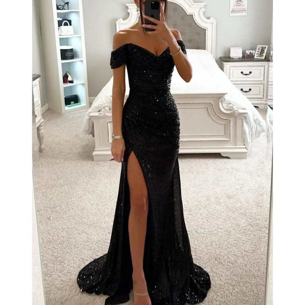 Off the Shoulder Sequin Split Mermaid Gown