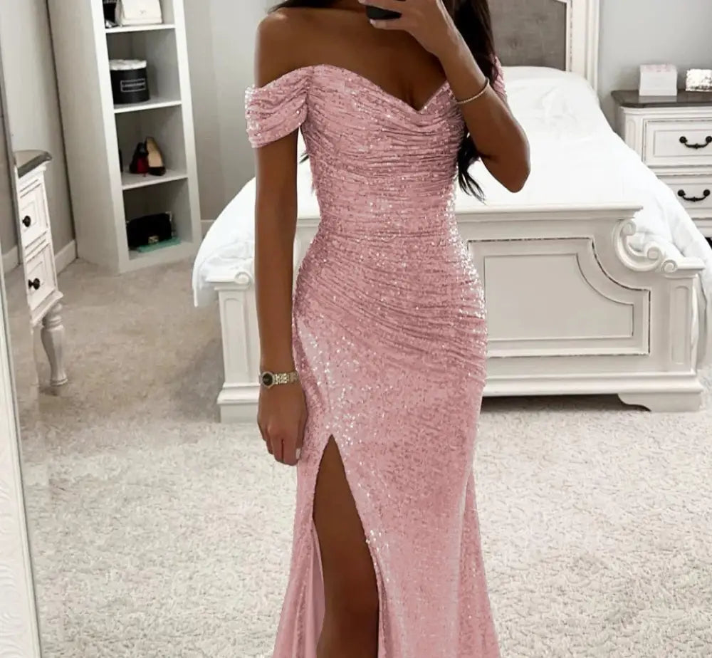 Off the Shoulder Sequin Split Mermaid Gown