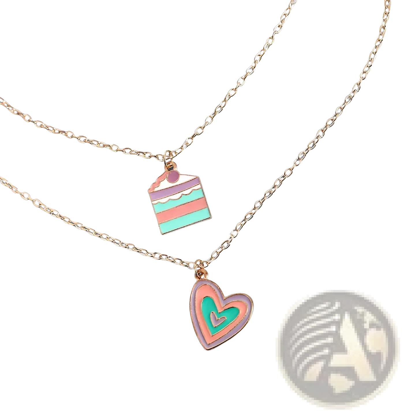 Pastel Enamel Heart and Layered Cake Pendant Necklace Set