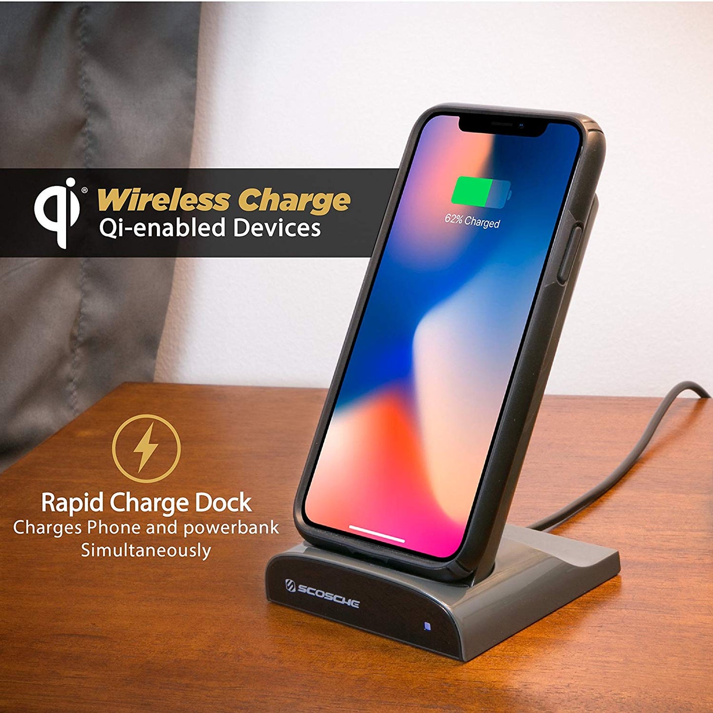Scosche Qi Dock Wireless Charging Dock with Portable Power Bank with USB Charging Port - Black