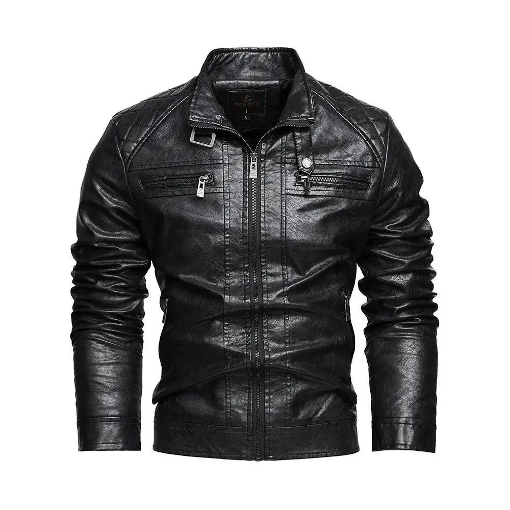 Men's Quilted Black Faux Leather Biker Jacket with Pockets