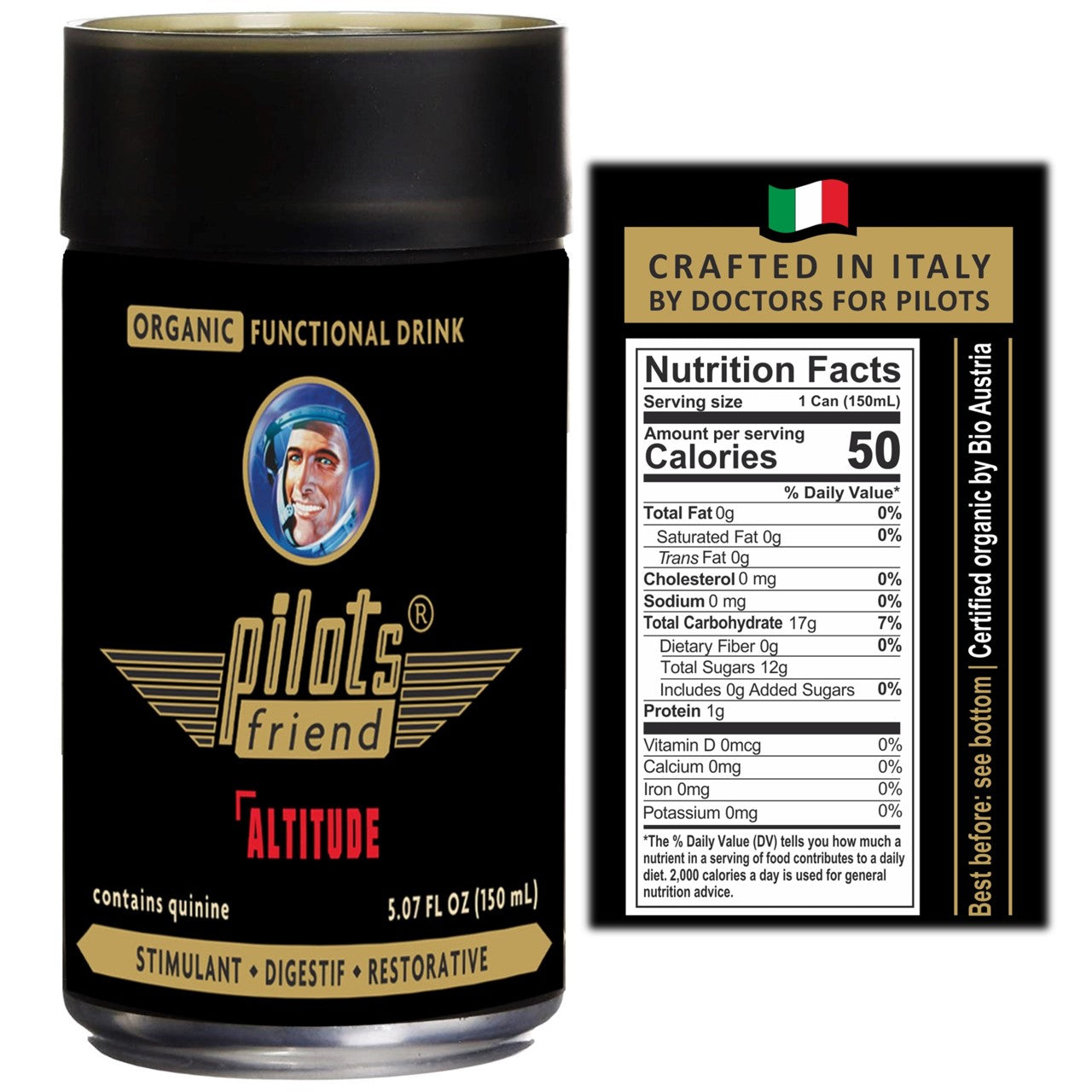 PilotsFriend Altitude Organic Functional Drink - Stimulant, Digestive and Restorative 3-in-1 Formula - All Natural, Vegan and NON-GMO 5.07 FL Oz (150 mL) - 24 Pack