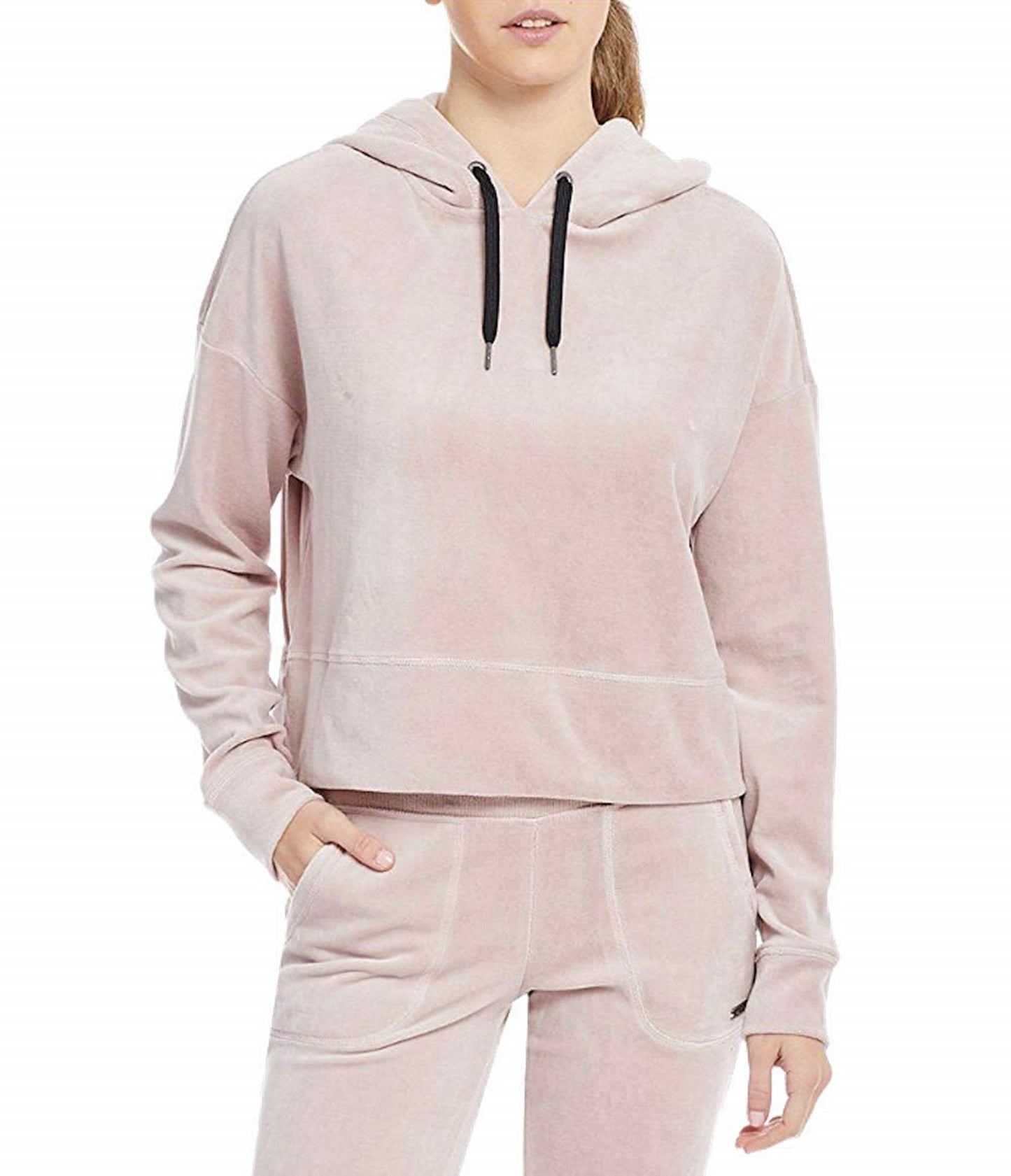 Calvin Klein Performance Women's Velour Cropped Full Zip Drawstring Hoodie Pink Size Large