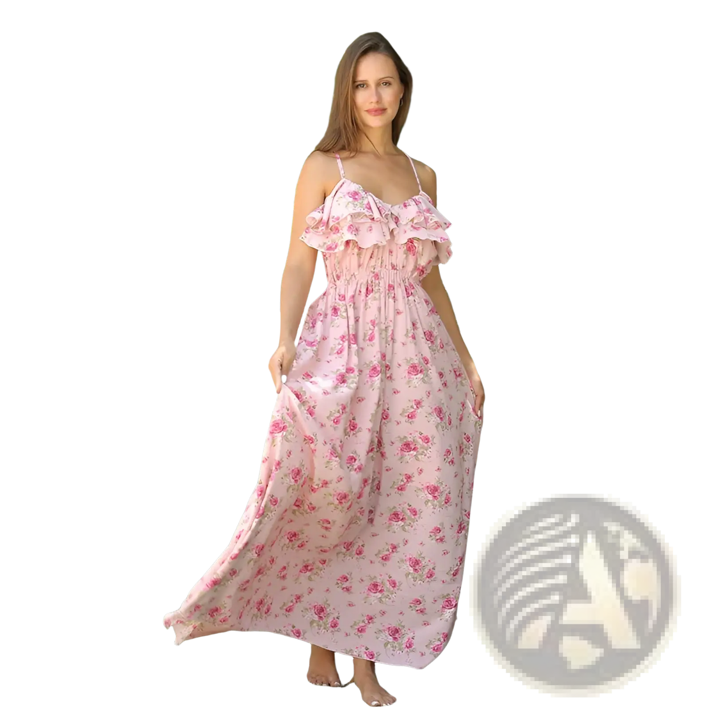 Pink Floral Ruffled Maxi Dress with Gathered Bodice