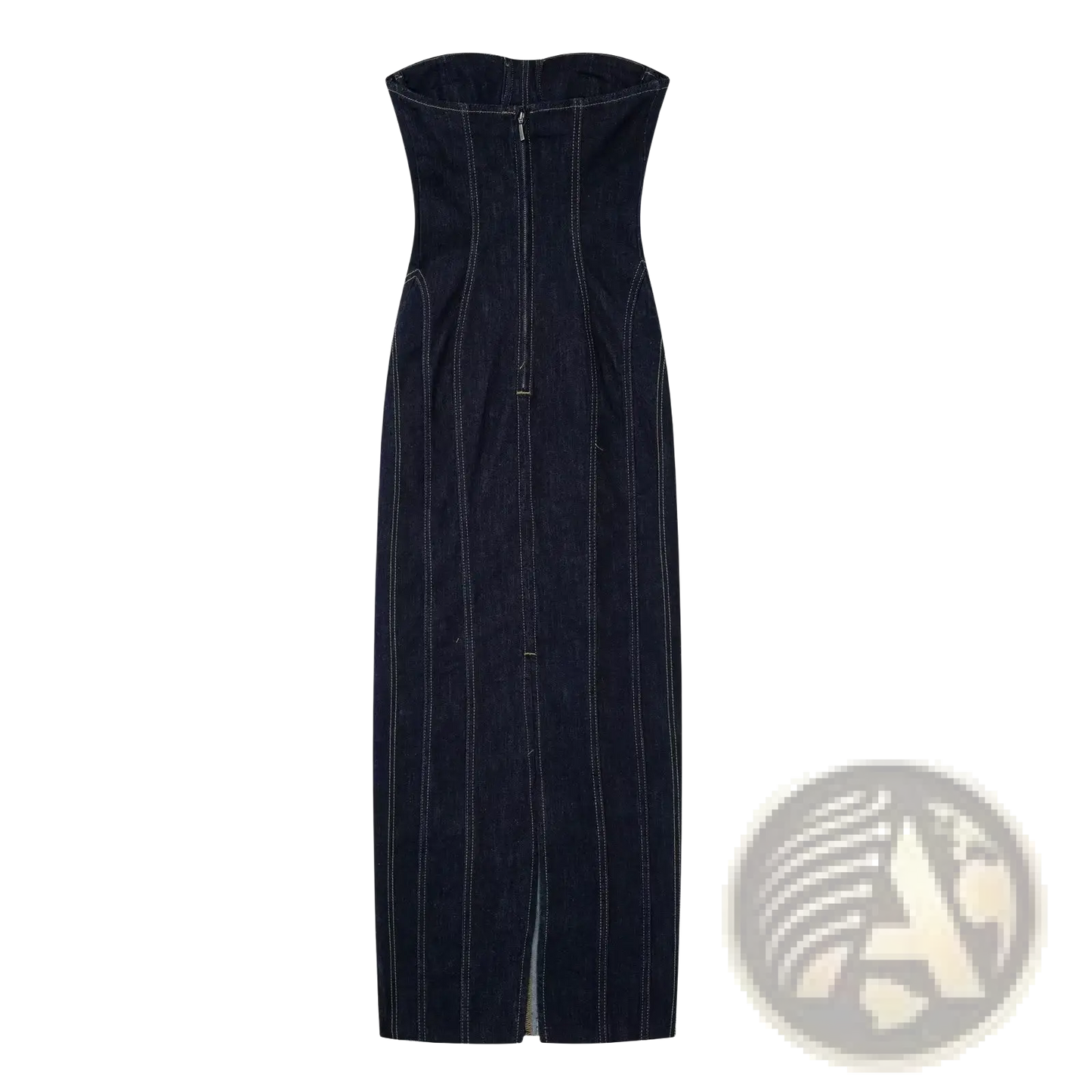 Pinstripe Denim Strapless Midi Dress with Zipper Detail