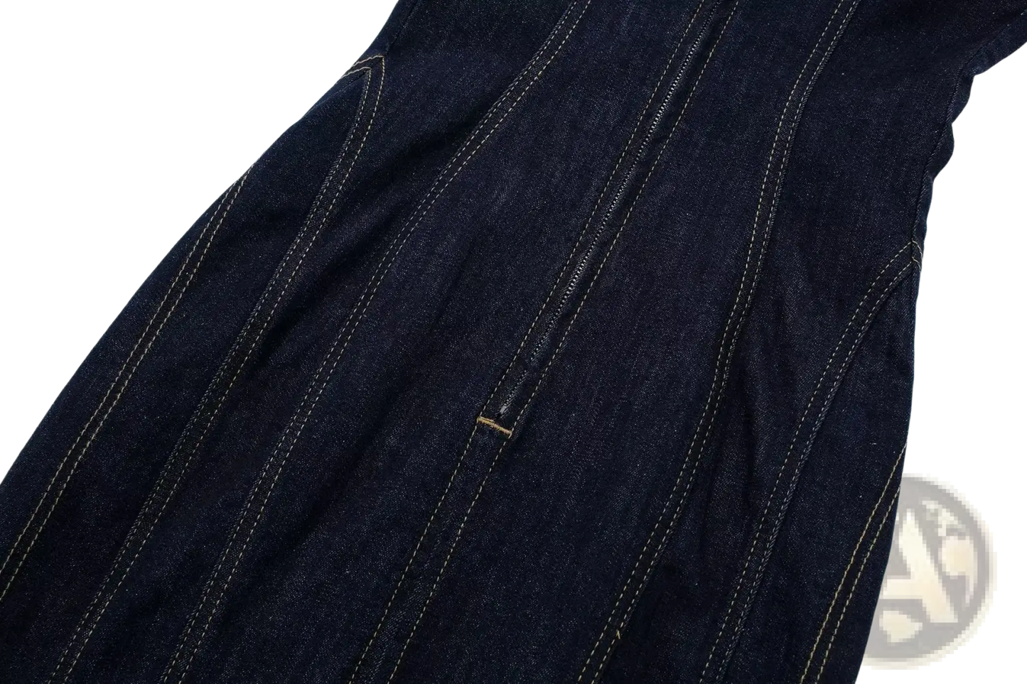Pinstripe Denim Strapless Midi Dress with Zipper Detail