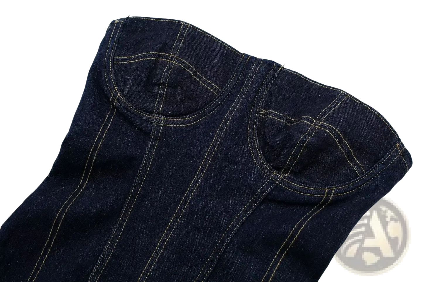 Pinstripe Denim Strapless Midi Dress with Zipper Detail