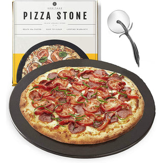 Heritage 15" Ceramic Pizza Stone Set - Non-Stick, Stain-Free with Bonus Cutter - Black