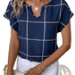 Plaid Notched Neck Short Sleeve Blouse for Women
