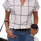 Plaid Notched Neck Short Sleeve Blouse for Women
