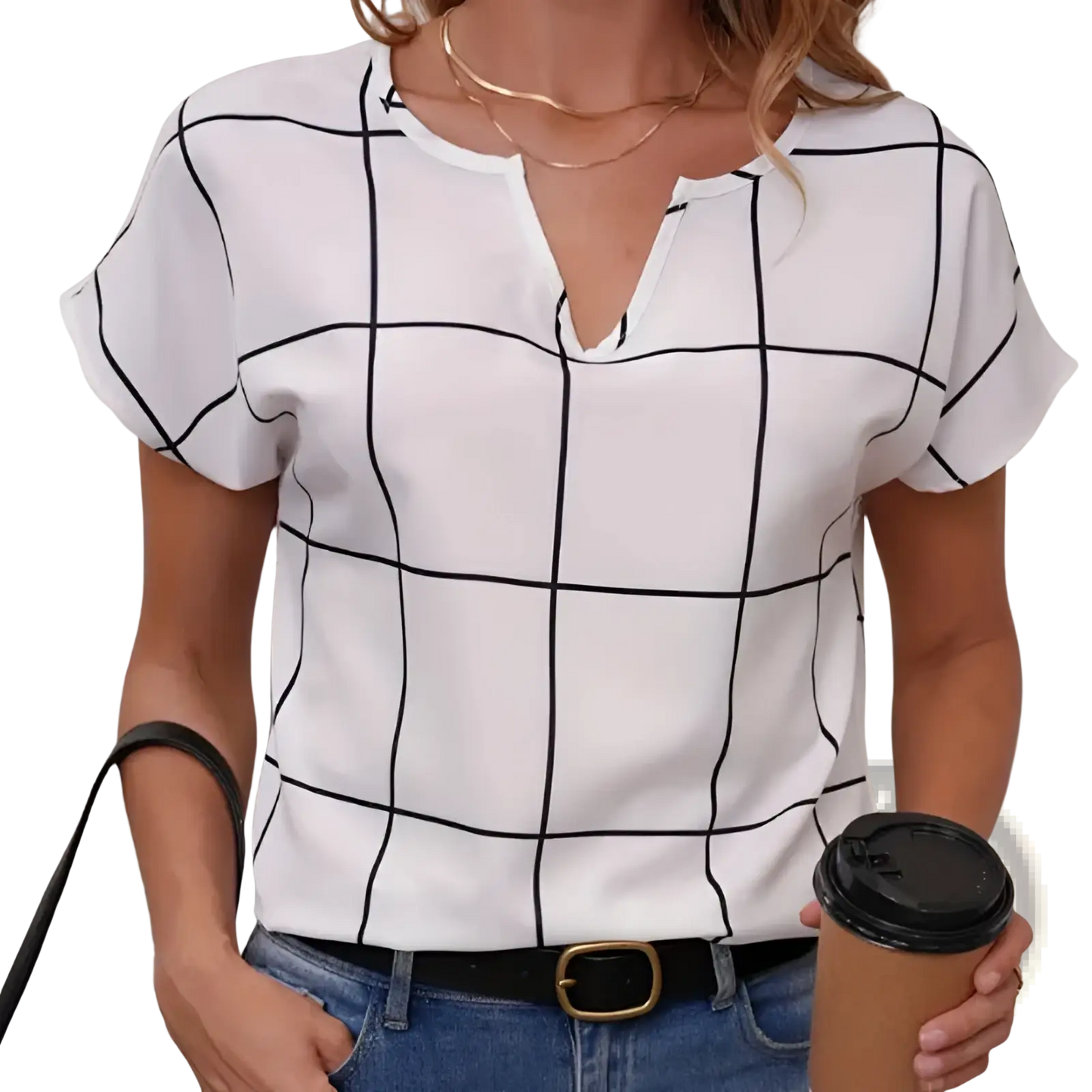 Plaid Notched Neck Short Sleeve Blouse for Women