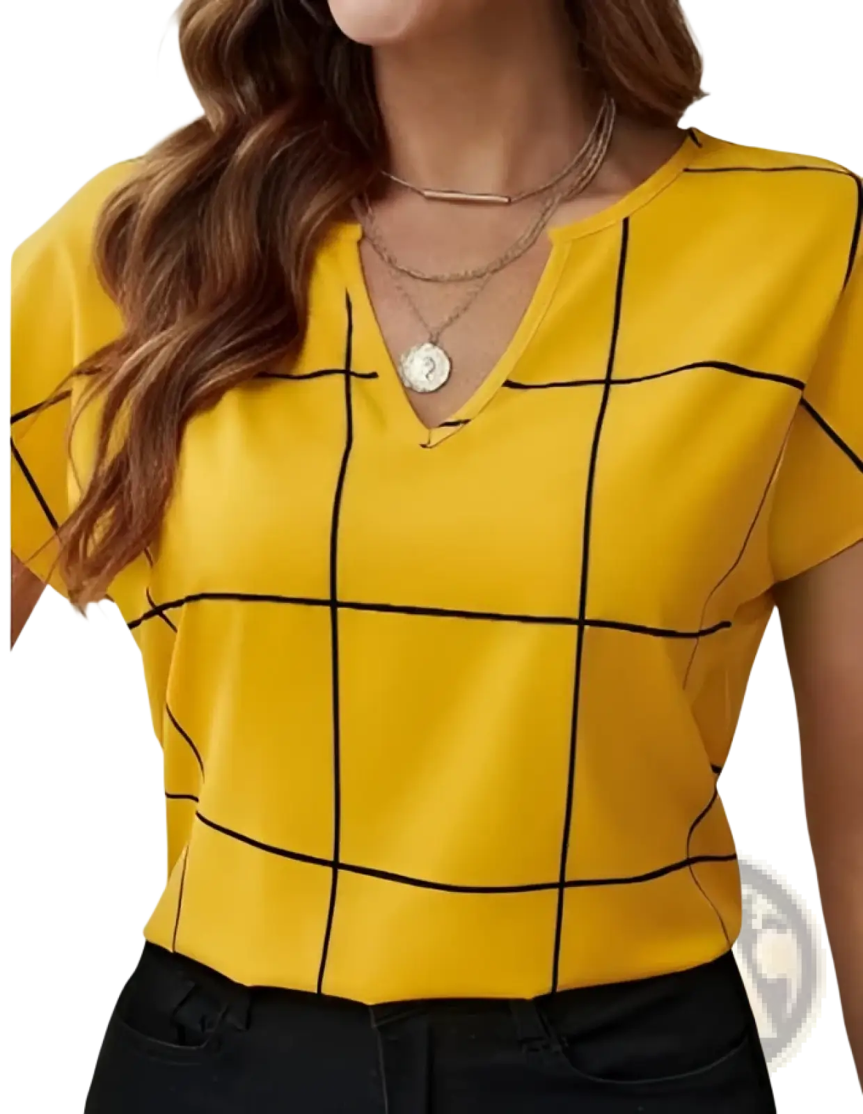 Plaid Notched Neck Short Sleeve Blouse for Women